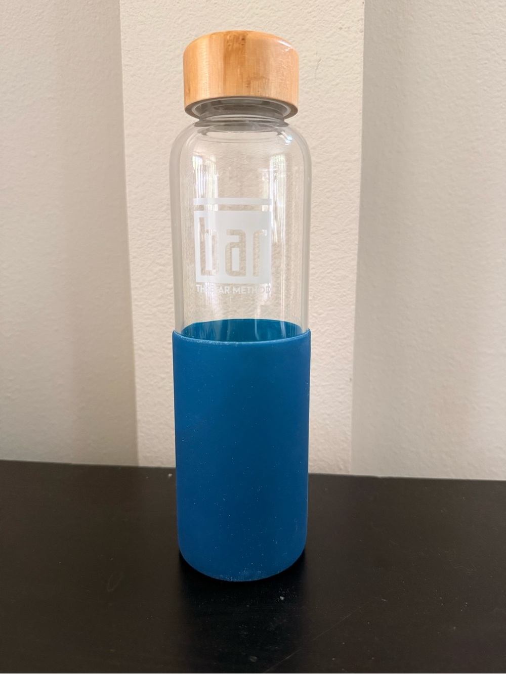 Bar Method Branded Blue Glass Water Bottle with Bamboo Lid